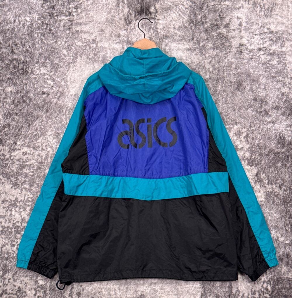 Vintage Asics Jacket L / XL Mens Nylon Windbreaker Full Zip Tuck Away Hood Y2K